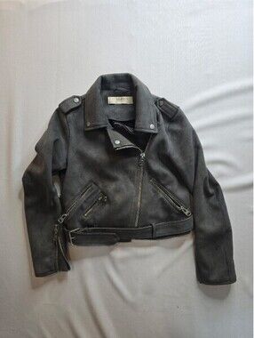 Zara Basic Faux Suede Cropped Moto Biker Jacket Gray Belted Womens Size Small S